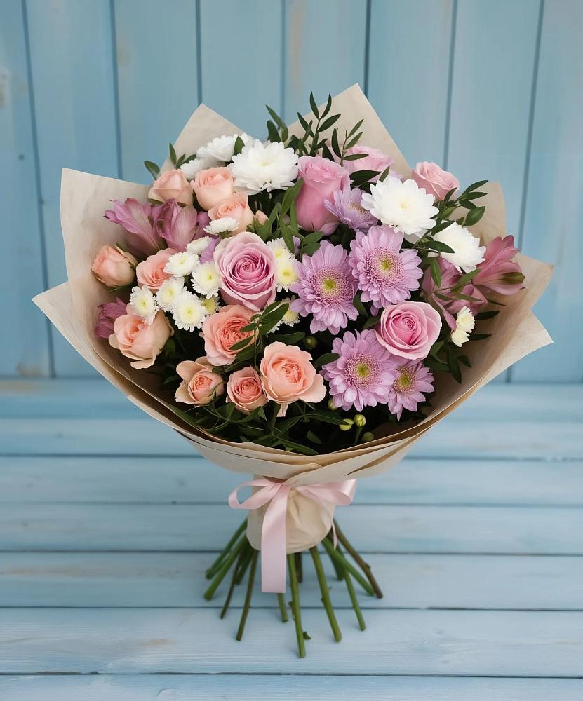Букет цветов из: Хризантемы, Розы и Альстромерии в Пролетарске Ростовская область